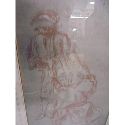 483 - An 18/19th century chalk & crayon drawing on paper of figures dancing signed Watteau, framed & glaze... 