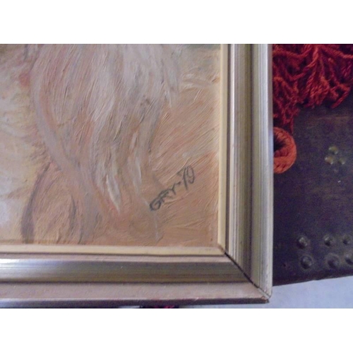 486 - An oil on board study of a dog initialed GRY 79. image 37 x 30 cm, frame 44 x 36.