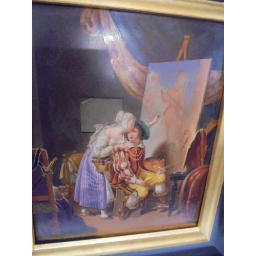 490 - A porcelain plaque depicting Van Dyke Painting his first canvas after Lachassargnes.