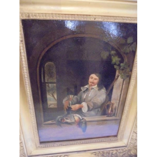 491 - A gilt framed study of a man in a window, image 31 x 23 cm, frame 50 x 40 cm.