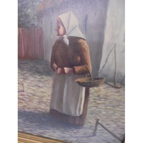 497 - A gilt framed oil on canvas lady in a yard, signed. Image 30 x 40 cm, frame 45 x 55 cm.