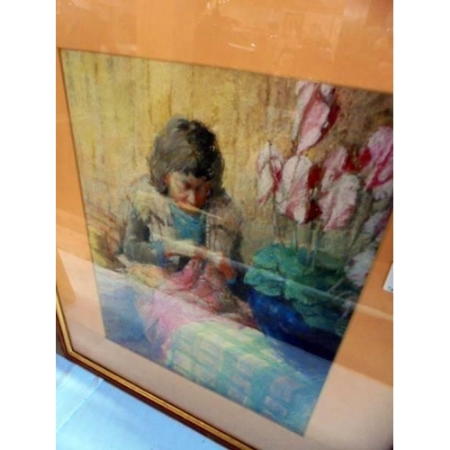 498 - A framed and glazed mixed media painting of a lady sewing, image 34 x 37 cm, frame 53 x 46 cm.