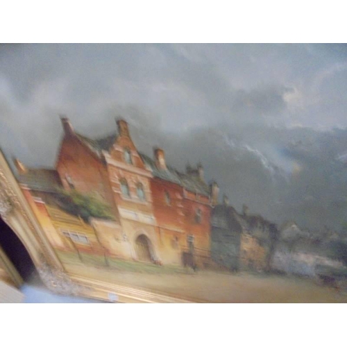 499 - A gilt framed signed oil on canvas town scene, image 90 x 60 cm, frame 105 x 75 cm.