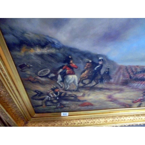 500 - A gilt framed oil on canvas battle scene, image 86 x 62 cm, frame 116 x 86 cm.