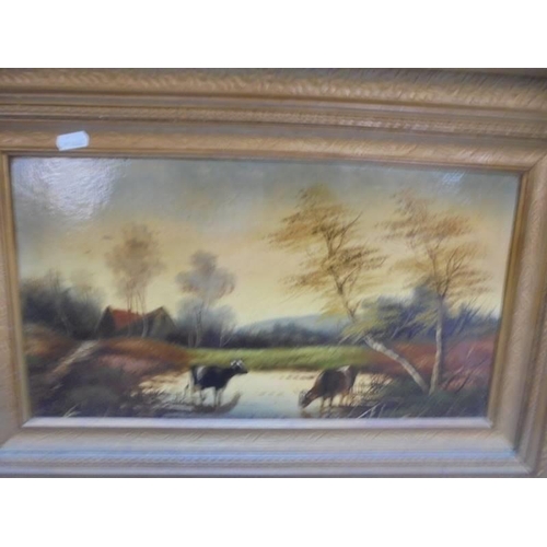 503 - A pair of gilt framed oil on canvas rural scene with cattle, image 44 x 23 cm, frame 63 x 43 cm.