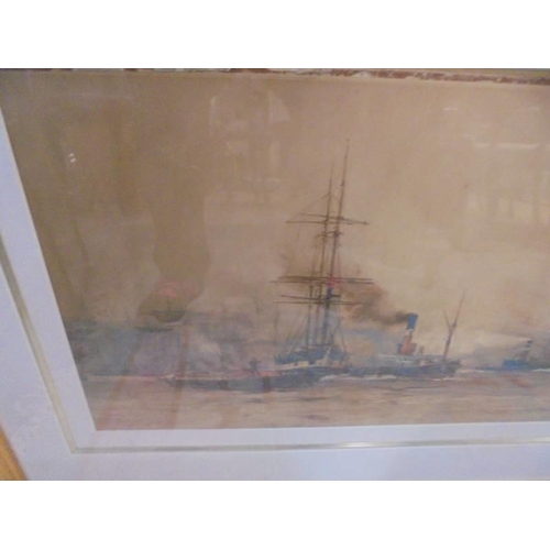 504 - An early framed and glazed watercolour nautical scene (possibly Devonport dockyard) image 61 x 26 cm... 