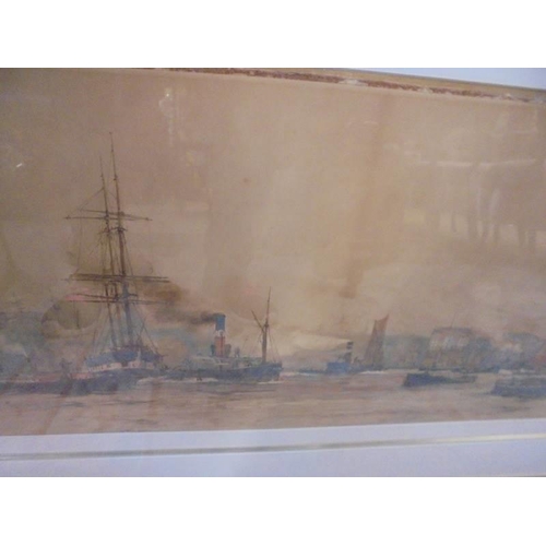 504 - An early framed and glazed watercolour nautical scene (possibly Devonport dockyard) image 61 x 26 cm... 