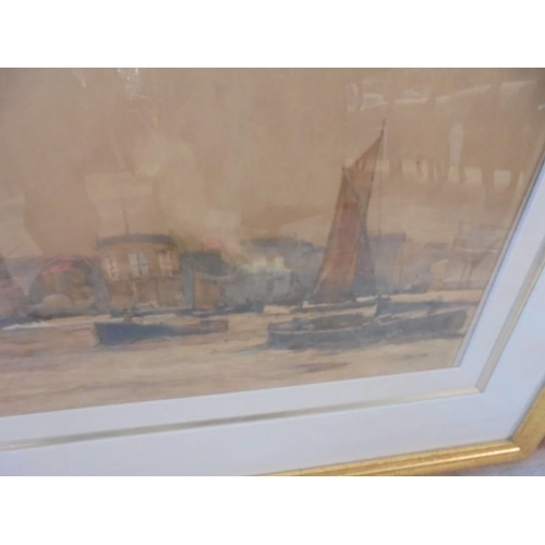 504 - An early framed and glazed watercolour nautical scene (possibly Devonport dockyard) image 61 x 26 cm... 