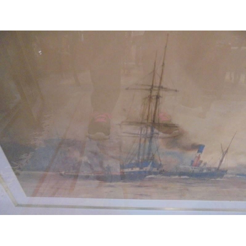 504 - An early framed and glazed watercolour nautical scene (possibly Devonport dockyard) image 61 x 26 cm... 