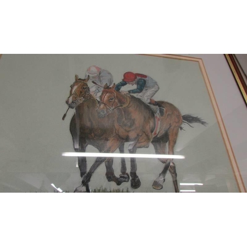 517 - A framed and glazed pastel of horses with jockeys signed C Stowe, 92.