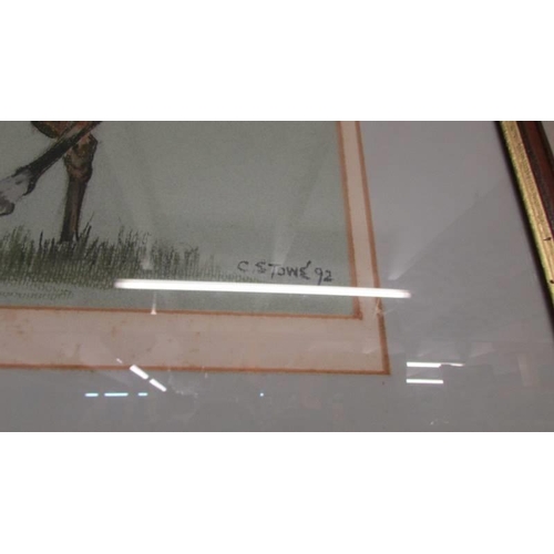 517 - A framed and glazed pastel of horses with jockeys signed C Stowe, 92.