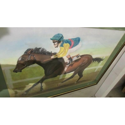 521 - A framed and glazed watercolour of a horse and jockey.