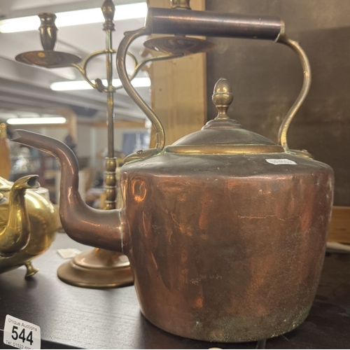 544 - A Victorian copper kettle & 1 other & a candelabra