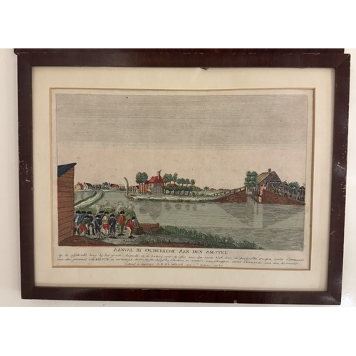 603 - A framed coloured engraving of Brugge in 1787 & 2 others.