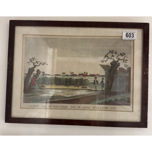 603 - A framed coloured engraving of Brugge in 1787 & 2 others.