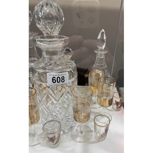 608 - A quantity of vintage sherry glasses & decanters etc