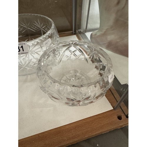 631 - 3 Cut glass bowls, one with a handle