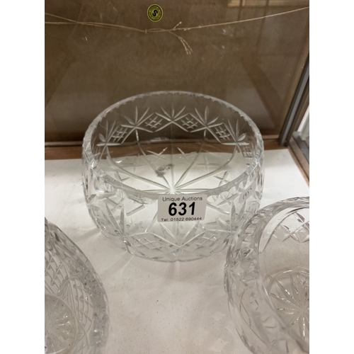 631 - 3 Cut glass bowls, one with a handle