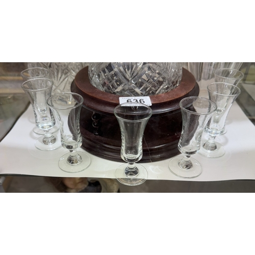 636 - 3 Cut glass decanters with sherry glasses