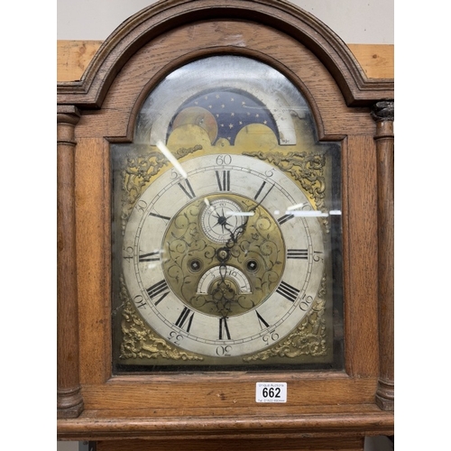 662 - A 19th century brass face, silvered chapter ring 8 day long case clock