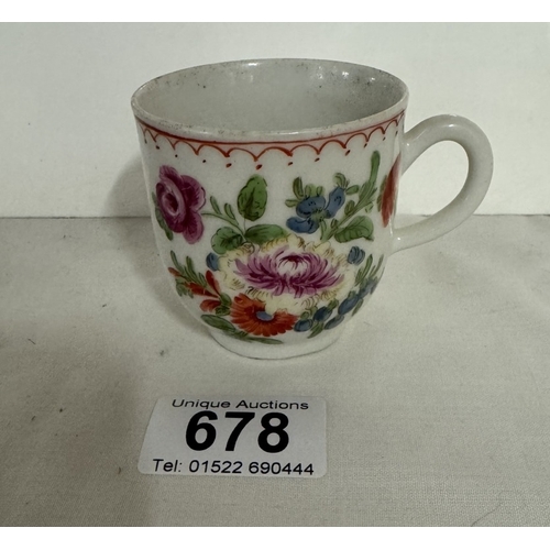 678 - A circa 1760 Bow coffee cup decorated with brightly painted sprays of summer flowers.