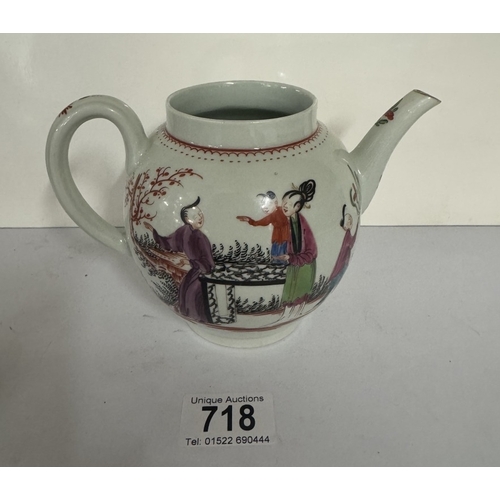 718 - A Circa 1770 Worcester teapot & lid, painted in colours with a group of Chinese figures in a garden,... 