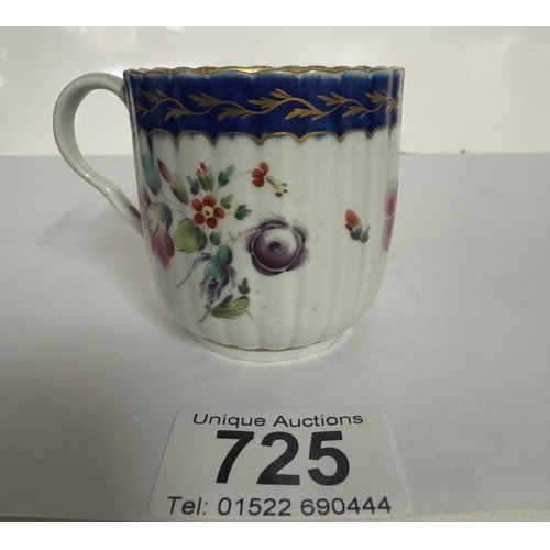 725 - A circa 1780 early Worcester porcelain fluted coffee cup, A lovely first period Worcester fluted por... 