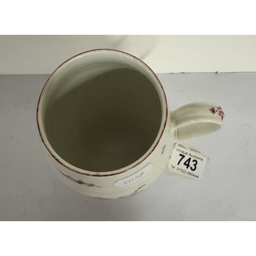 743 - A circa 1760 Derby ribbed barrel shaped mug, painted with floral spray & scattered sprigs, in colour... 