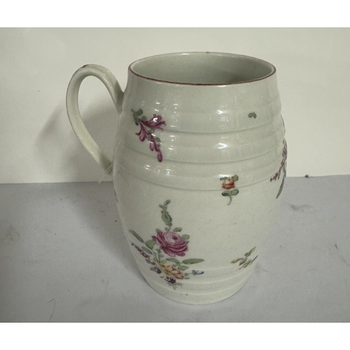 743 - A circa 1760 Derby ribbed barrel shaped mug, painted with floral spray & scattered sprigs, in colour... 