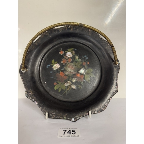 745 - A Victorian hand painted papier mache serving tray with Mother of Pearl details