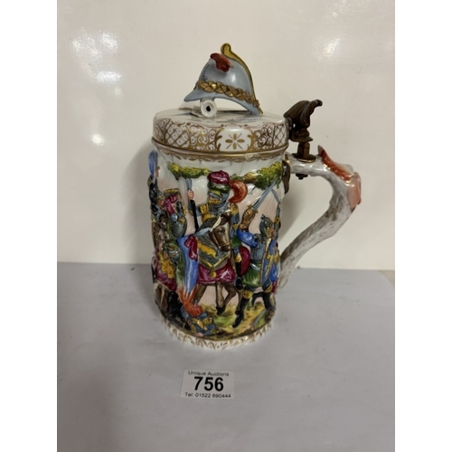 756 - A rare 19th century Capodimonte porcelain lidded beer stein featuring battle scenes A/F