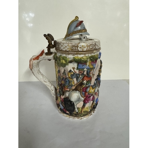 756 - A rare 19th century Capodimonte porcelain lidded beer stein featuring battle scenes A/F