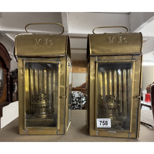 758 - A pair of brass electric lanterns