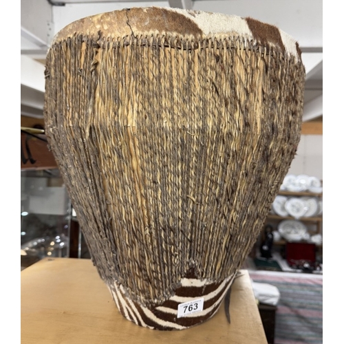 763 - A vintage Zebra skin tribal drum