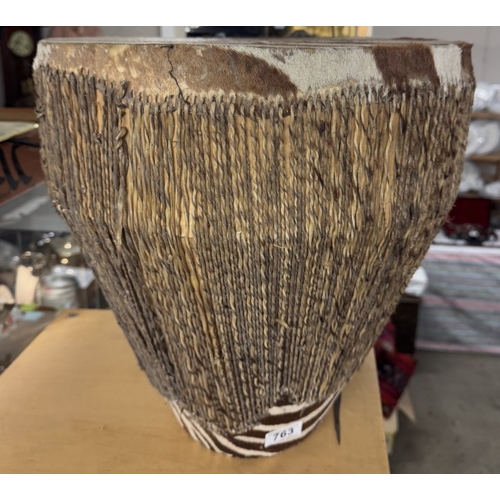 763 - A vintage Zebra skin tribal drum