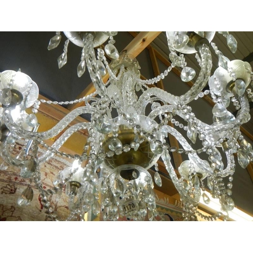 1170 - A good quality 10 light glass chandelier. Fully restored.