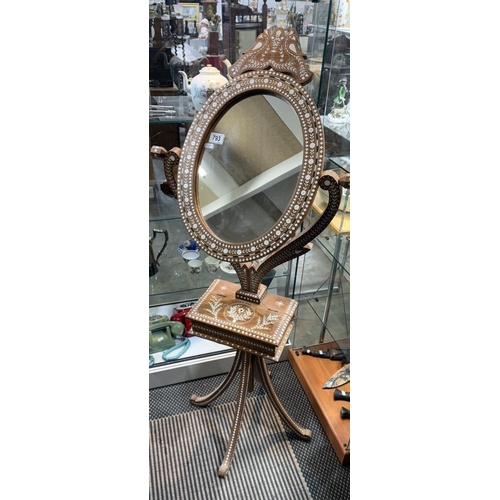 793 - An Eastern influenced teak dressing table mirror with inlaid decoration on 4 legs