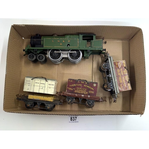 837 - A Hornby LNER locomotive A/F & 3 flat trucks with LMS furniture removals service etc