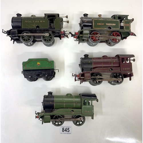 845 - 4 Hornby O gauge clockwork locomotives including Great Western & Southern. Springs are ok, no keys