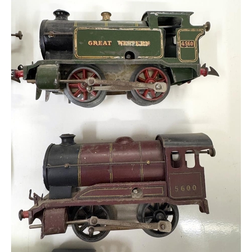 845 - 4 Hornby O gauge clockwork locomotives including Great Western & Southern. Springs are ok, no keys