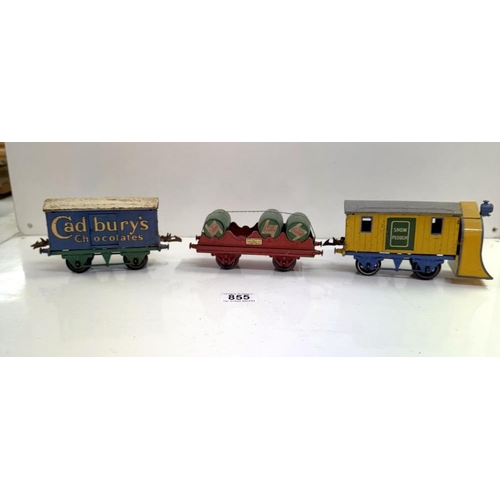 855 - A pre war Hornby O gauge Cadburys Chocolate, Snow plough & Castrol barrel load