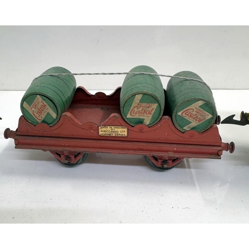 855 - A pre war Hornby O gauge Cadburys Chocolate, Snow plough & Castrol barrel load