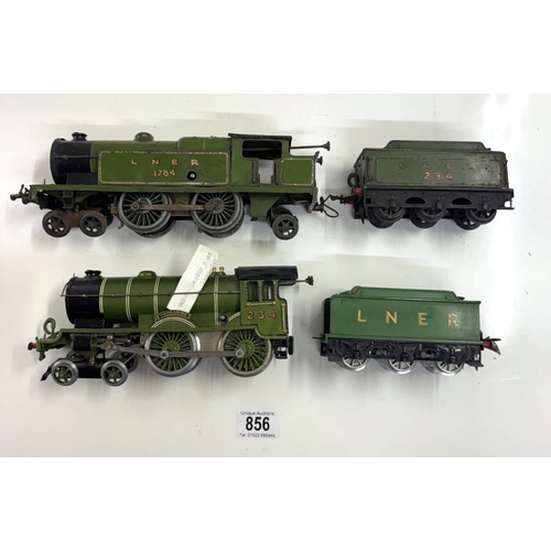 856 - 2 Hornby O gauge LNER clockwork locomotives with tenders. Springs are ok, no keys