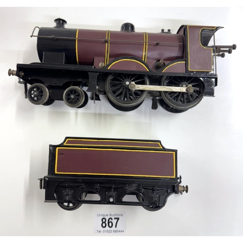 867 - A repainted Hornby O gauge locomotive & tender. No key, spring A/F