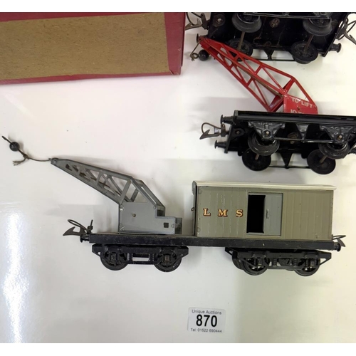 870 - 2 Hornby no 7 crane trucks. 1 boxed. & 1 other