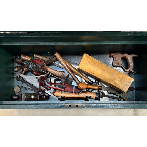 1667 - A Royal Navy Shipwrights tool box & contents, some tools are military marked, brass name plate on to... 