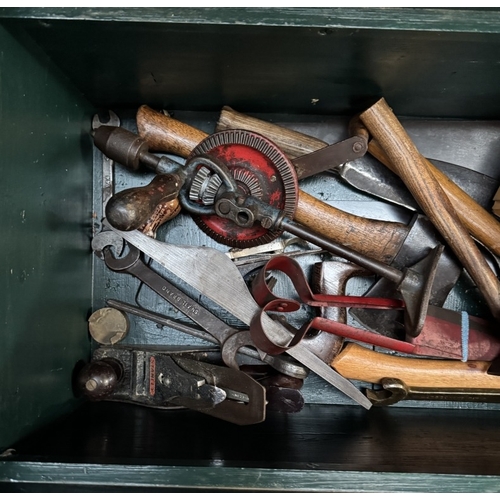 1667 - A Royal Navy Shipwrights tool box & contents, some tools are military marked, brass name plate on to... 