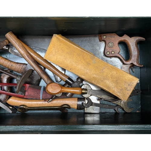 1667 - A Royal Navy Shipwrights tool box & contents, some tools are military marked, brass name plate on to... 