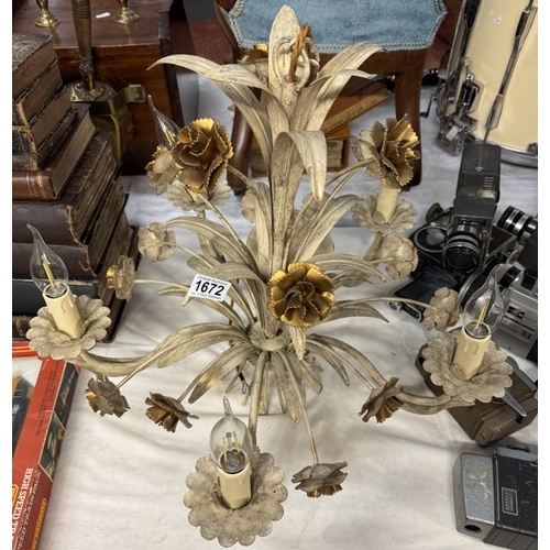 1672 - A vintage French Tule ware metal chandelier (re-wired)