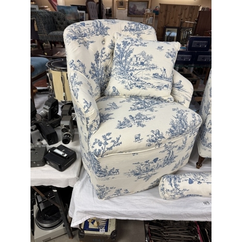 1675 - A pair of blue & white fabric covered bedroom wing armchairs with cushions